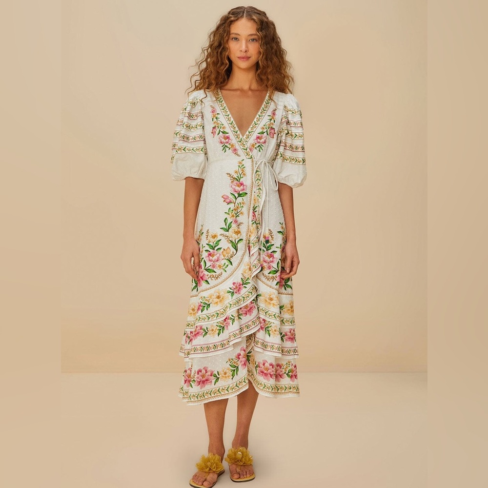 FARM Rio White Midi Dress with Pink & Green Floral Embroidery - Picture 1 of 9